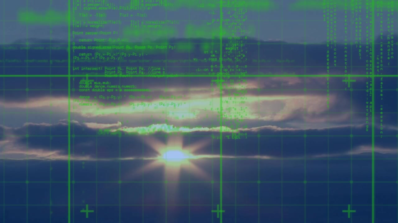 Animation of data processing over sky at sunset