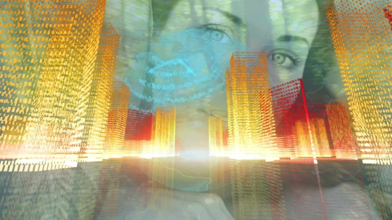 Animation of globe and city over caucasian woman