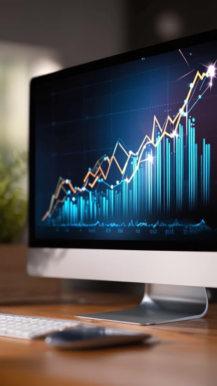 Analisi delle Tendenze Finanziarie: Uno Sguardo Dettagliato a un Grafico Dinamico del Mercato Azionario su un Display di Computer Moderno Durante una Sessione di Revisione di un Analista
