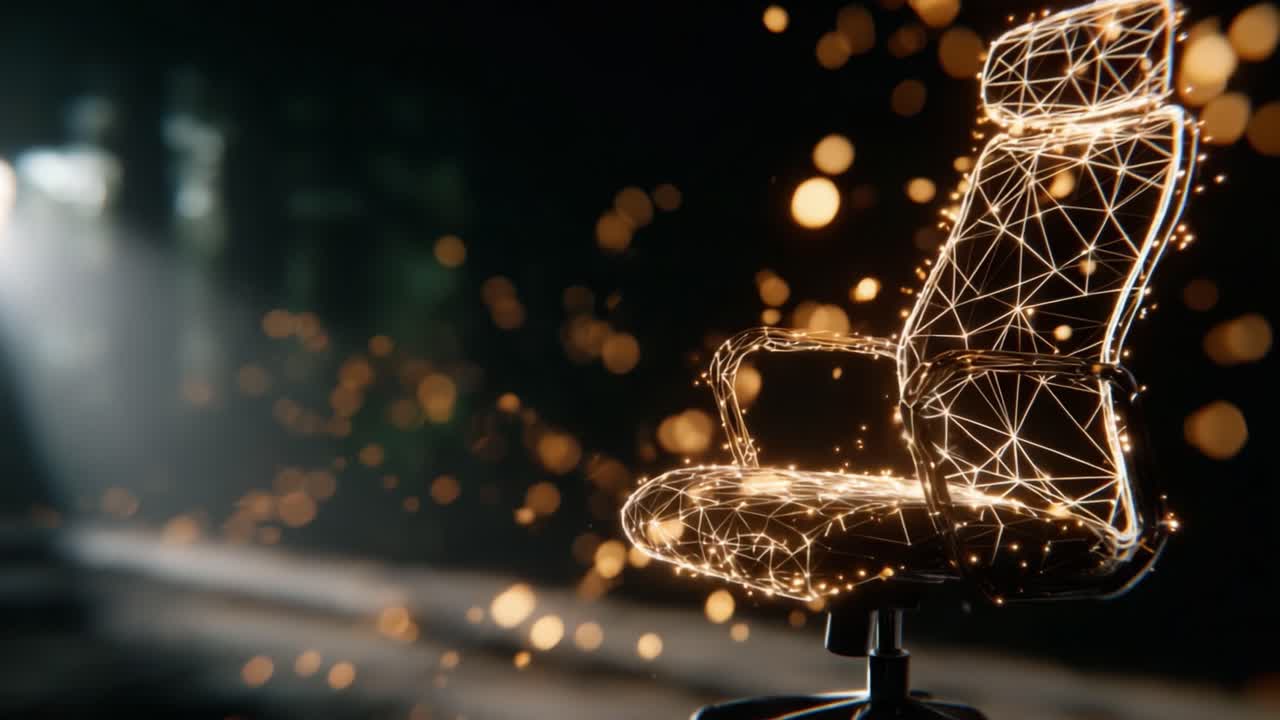 A Captivating Glimpse of a Luminescent Office Chair Shining with Light Particles, Showcasing Its Modern Design and Futuristic Aesthetic in a Dark Environment