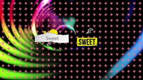 Animation-of-sweet-text-over-shapes-on-black-background