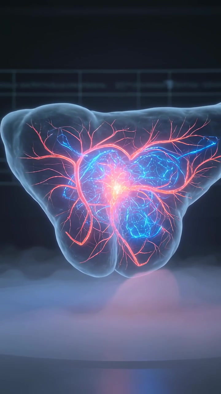 Vertical video: Pulsing core, organ brightening red vessels and blue web in lab, revealing networks