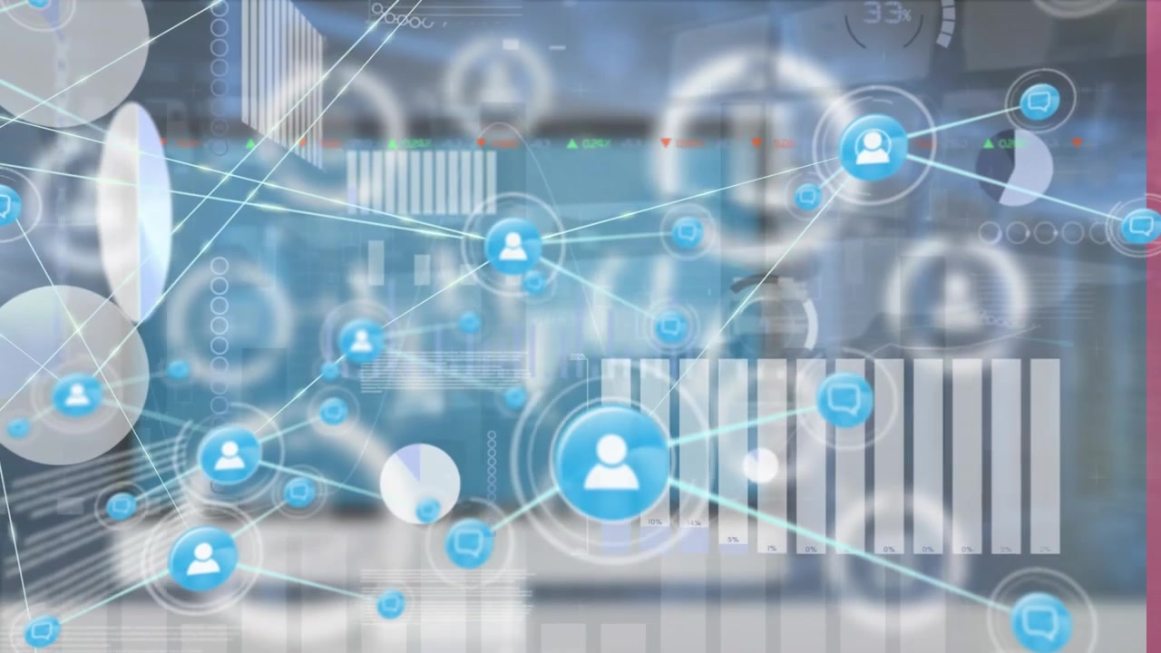 Connessioni di rete digitali con icone utente e sovrapposizione di dati aziendali