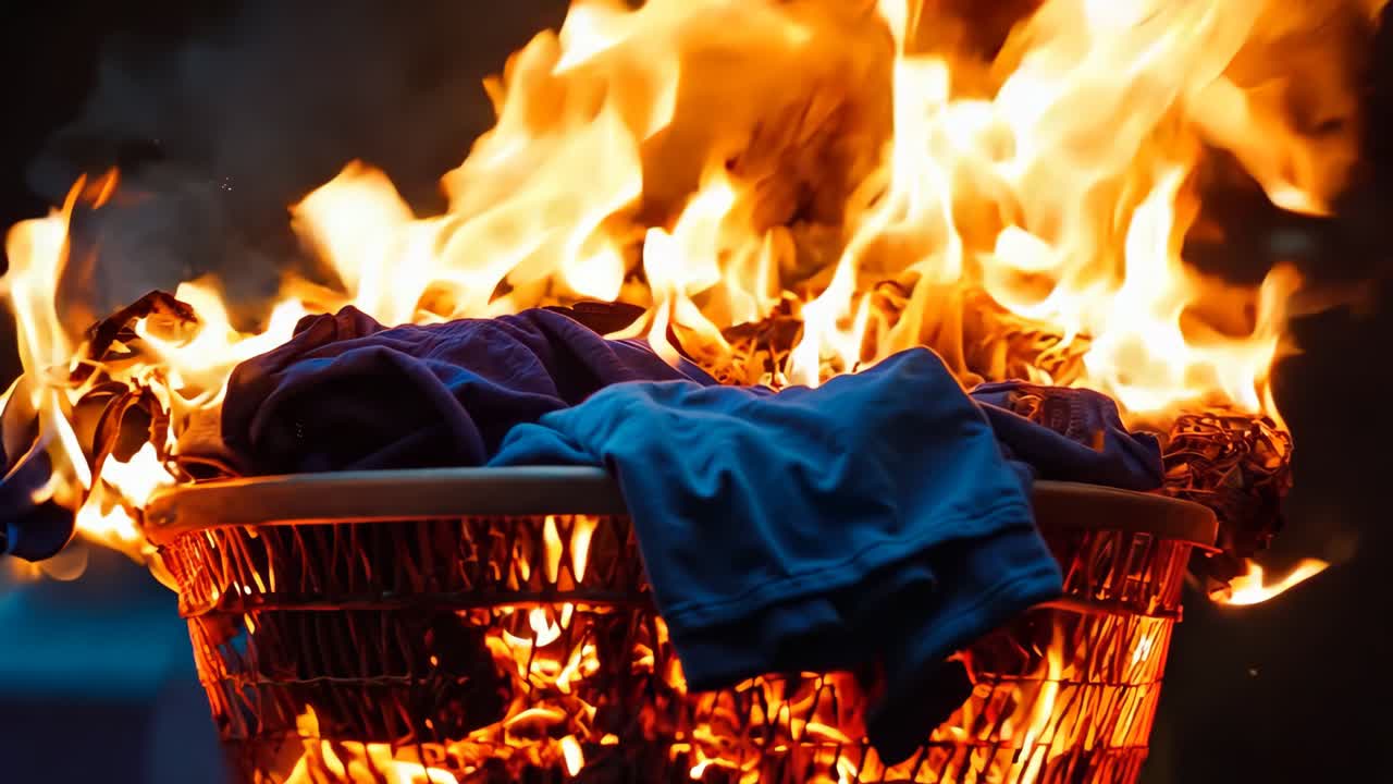 어 속에서 불타는 옷으로 가득 찬 바구니