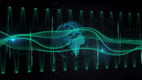 globe with digital waves and data processing animation over dark background