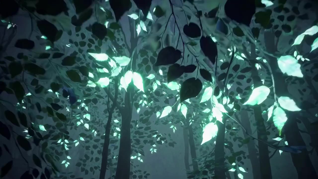Bioluminescent Glowing Leaves in a Dark Mysterious Forest