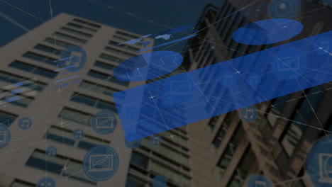 animación del procesamiento de datos financieros sobre el paisaje urbano sobre un fondo oscuro