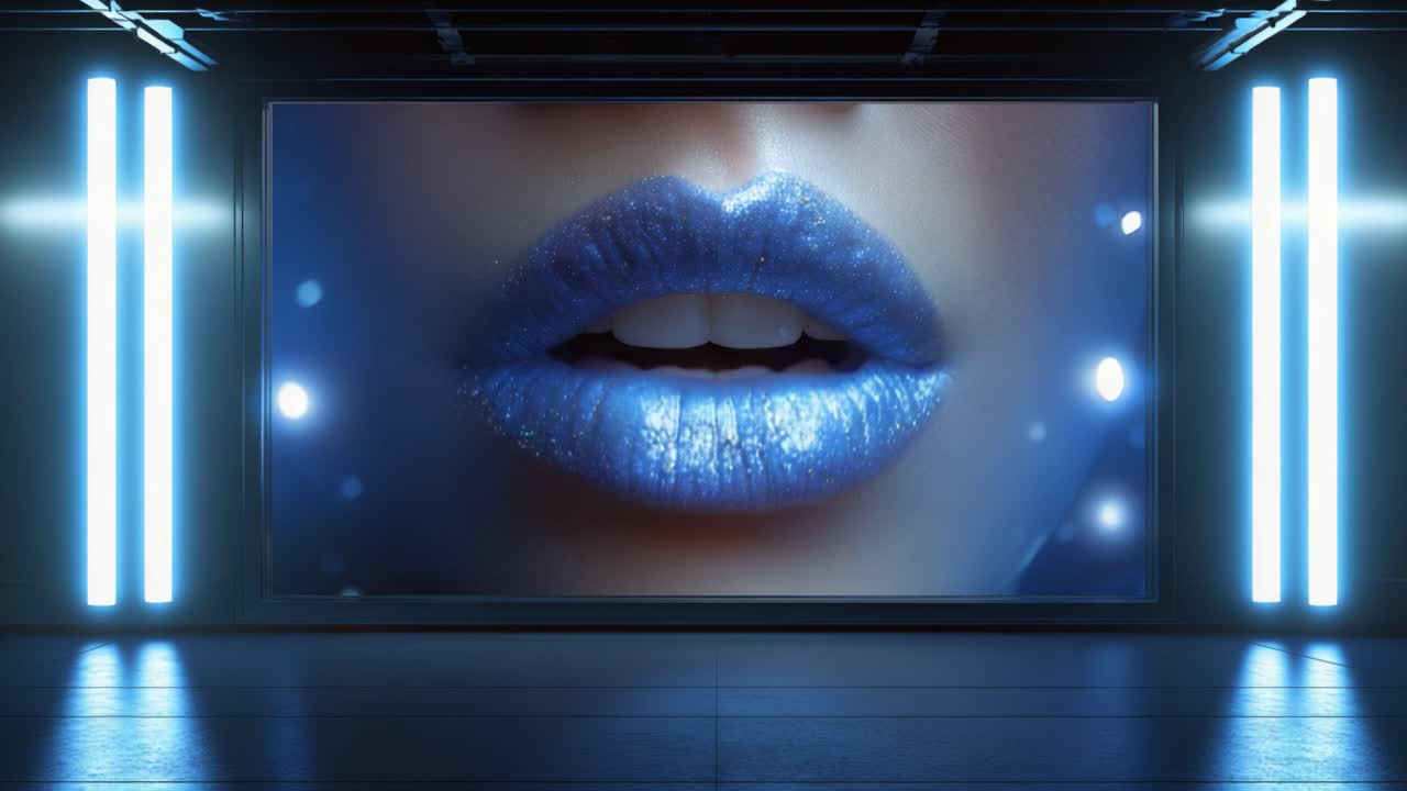 Tampilan Close-Up Memukau Bibir Biru Mengkilap pada Layar Futuristik dengan Latar Belakang Cerah, Menangkap Daya Tarik dan Kemewahan Seni Kosmetik Modern