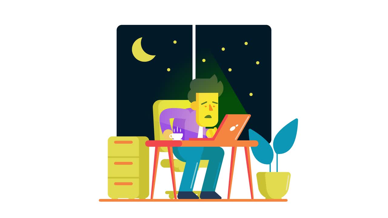 Looping animation of a Businessman or employee working at home or office overtime, hard worker working on his laptop day an night. Motion graphics of a successful freelancer do an overwork.