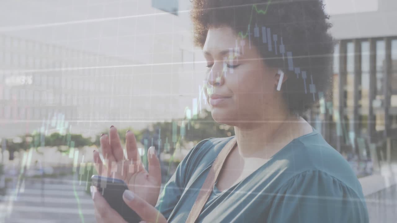 Animation of financial data processing over biracial woman wearing earphones on the street