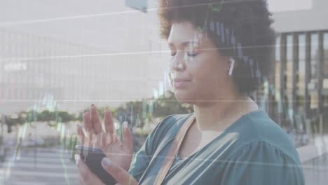 animación del procesamiento de datos financieros sobre una mujer biracial con auriculares en la calle
