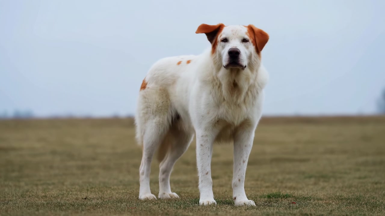 Witte hond staat in een veld, met een aandachtige blik en een subtiele hoofdkanteling en -schudden, pluizige witte vacht met oranje accenten.