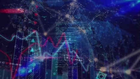 animación de la red de conexiones con estadísticas y procesamiento de datos sobre fondo azul
