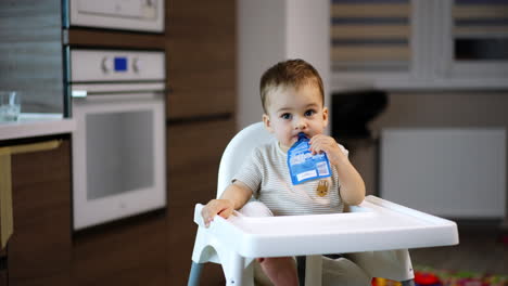cute caucasian baby boy sits in a high chair. toddler is holding a fruit puree pack in his mouth and smiles adorably to the camera. blurred backdrop.