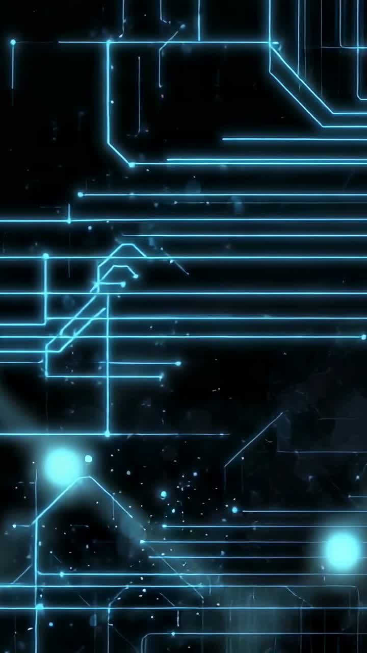 Vertical video: Sparking neon circuits tracing grid in digital void, pulsing nodes and routing data