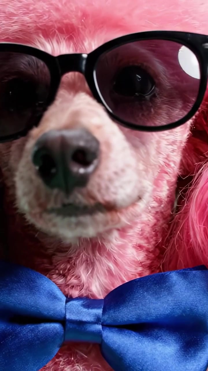 Adorable Pink Poodle Dressed in Sunglasses and a Bow Tie Poses for the Camera Against a Bright Green Background, Showcasing Its Unique Style and Personality
