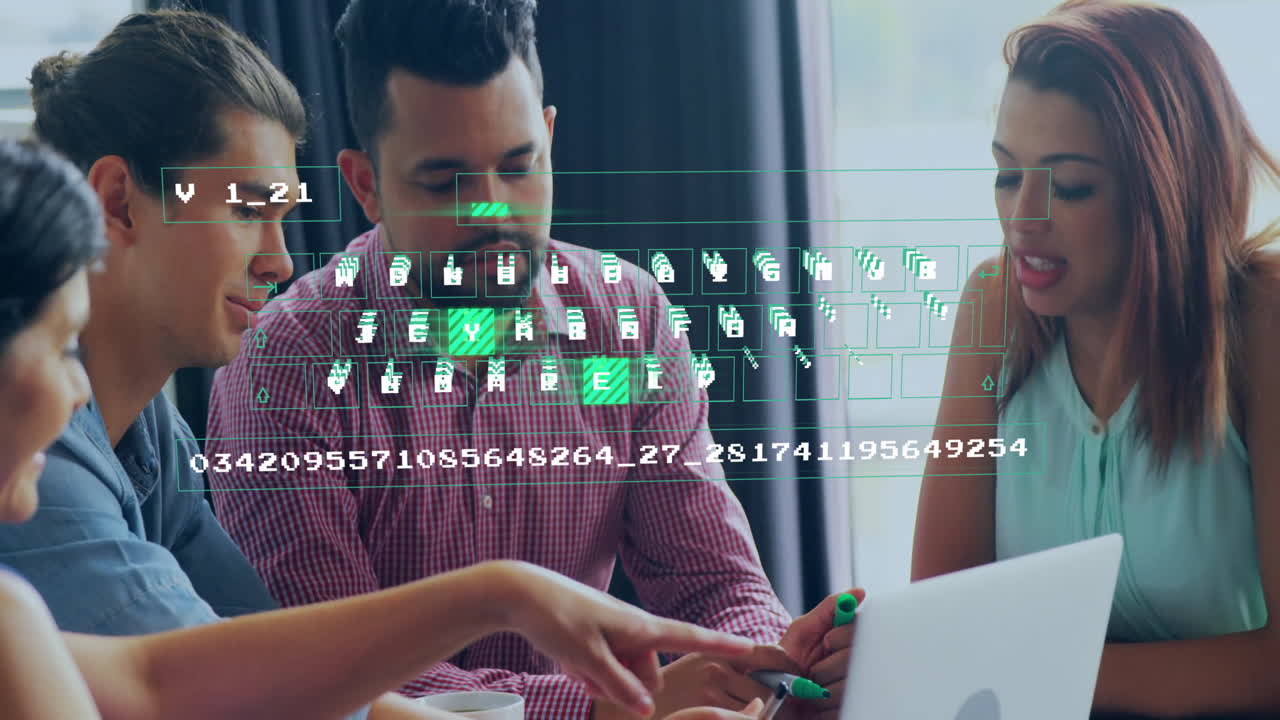 Team collaborating around laptop in tech office, with digital keyboard overlay and progress bars