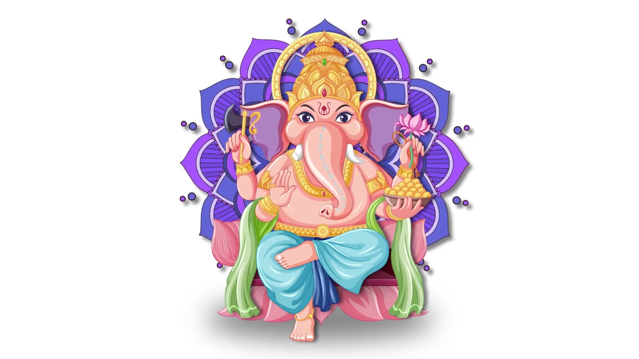 Senhor Ganesha em desenho animado colorido sentado diante de uma mandala roxa em um fundo branco liso
