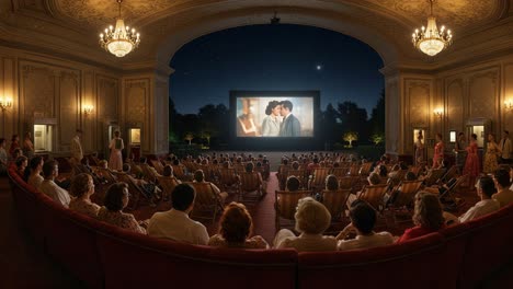 an enchanting evening at the cinema: a captivating performance that draws an enthralled audience in a vintage theatre setting under a starry sky