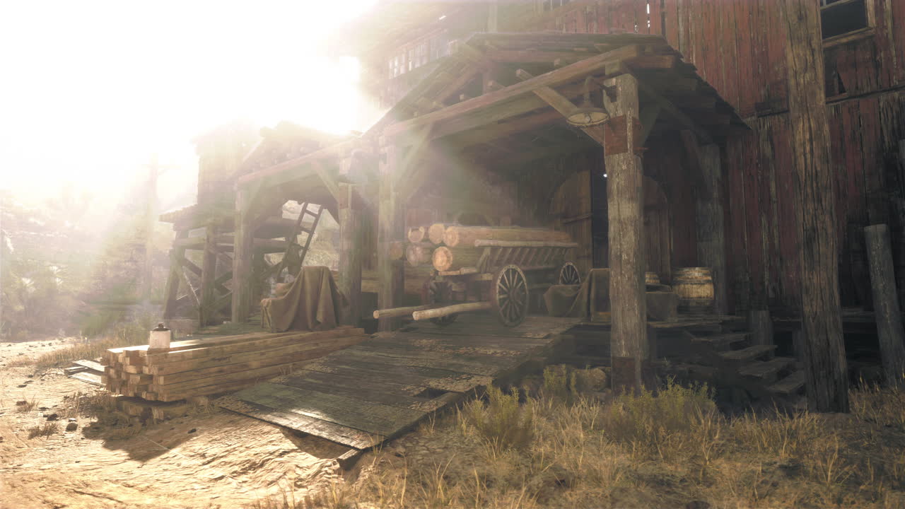 목조 공장 과 나무를 가진 시골 의 목조 오두막