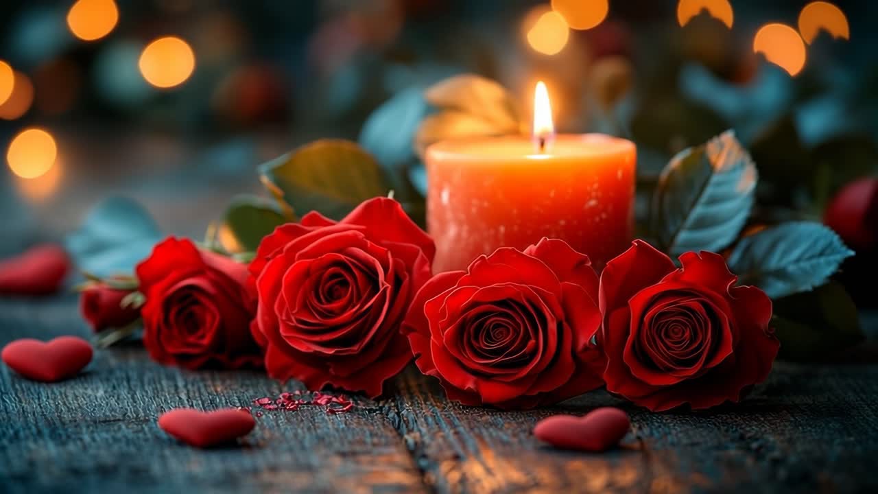 Candlelight, roses, and hearts. A flickering candle beside red roses and heart decor creates a romantic atmosphere for any occasion.