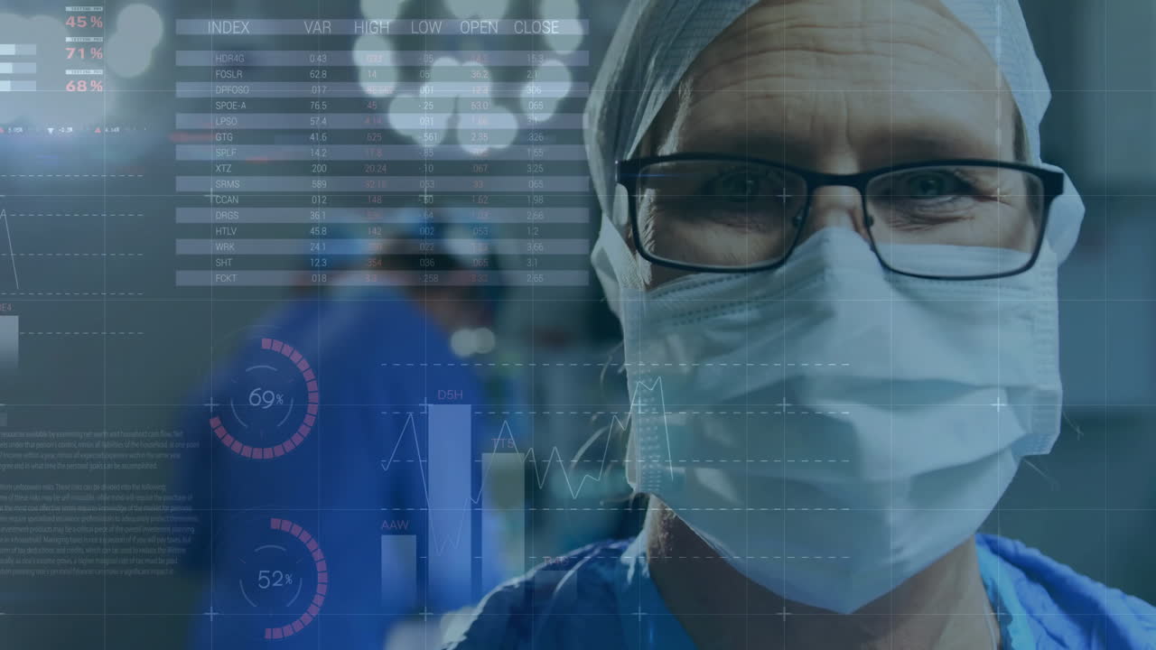 Animation of statistics and data processing over caucasian male surgeon