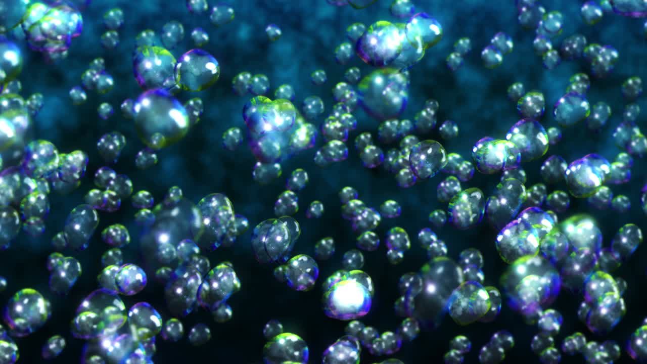 검은 바탕에 많은 물방울이 날아가고, 순수한 물방울, 투명한 표면, 공기 거품이 회전하는 3d 애니메이션, 루프 애니메이션.