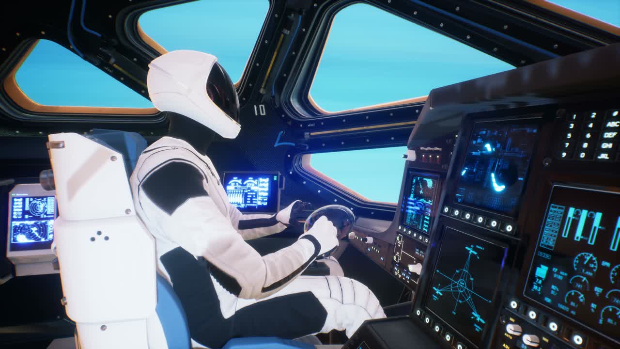 우주비행사가 우주를 가로질러 워프 속도로 우주선을 운전합니다. 벌레 구을 사용하여 깊은 우주를 통해 우주 여행의 개념은 sf, 우주 또는 판타지 배경에 이상적인 루프 애니메이션입니다.