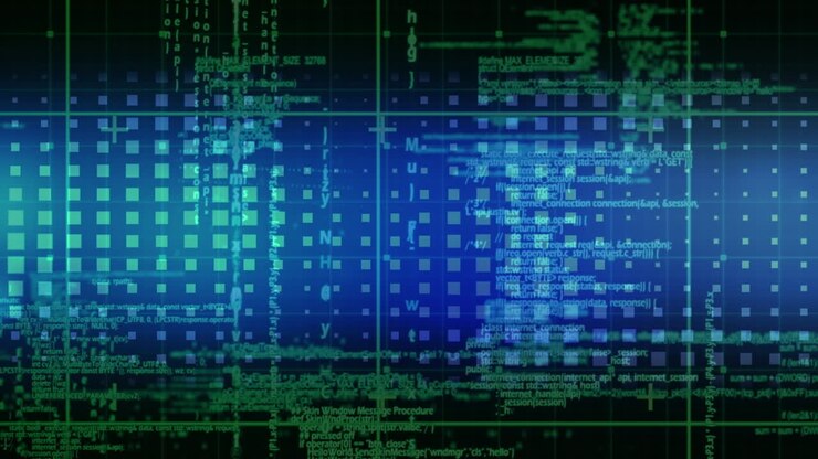 Animation of glowing data processing with markers over grid