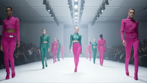 striking fashion showcase: models illuminate the runway in bold pink and green outfits, embodying contemporary style and high fashion elegance at an exclusive event