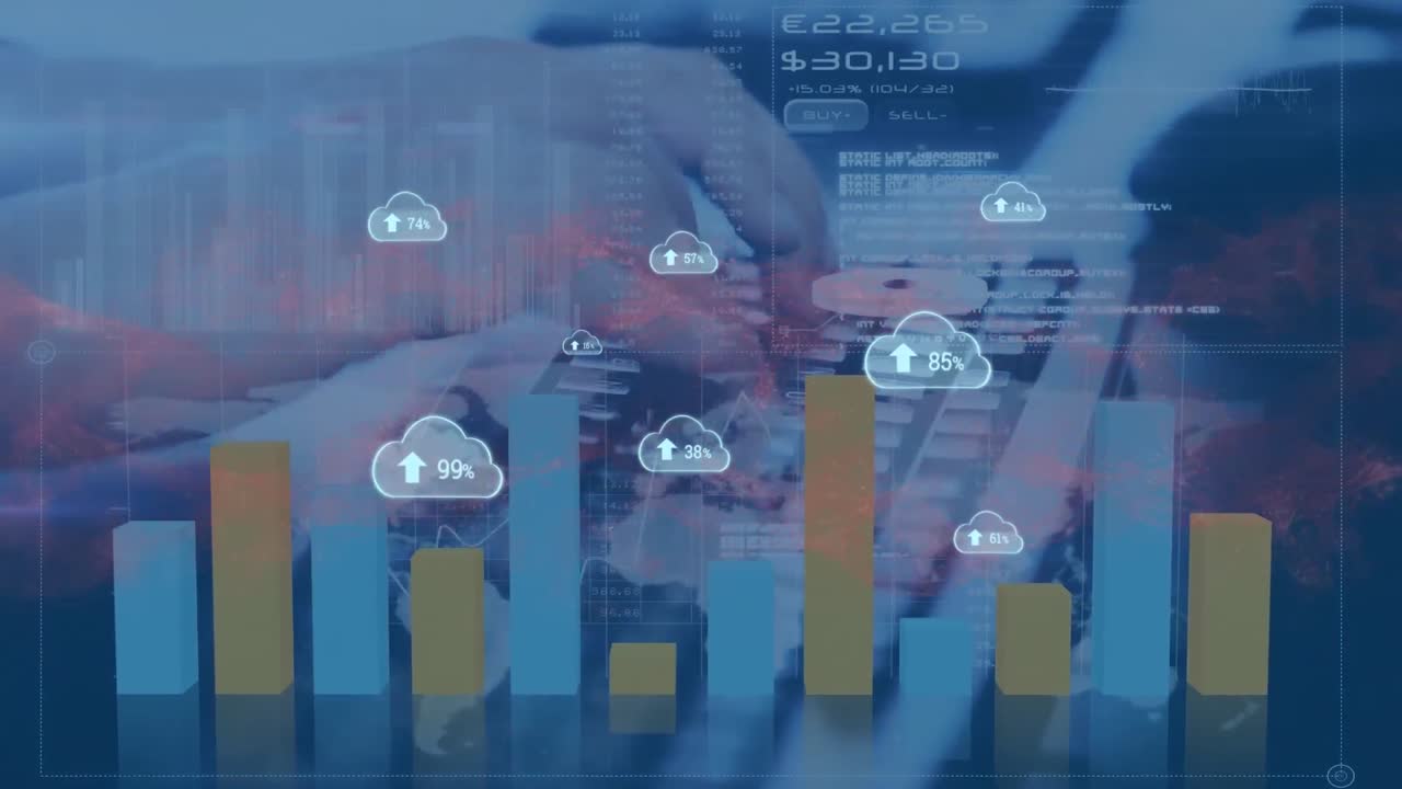 animación de nubes con números sobre gráficos y escritura a mano en computadora portátil sobre fondo azul