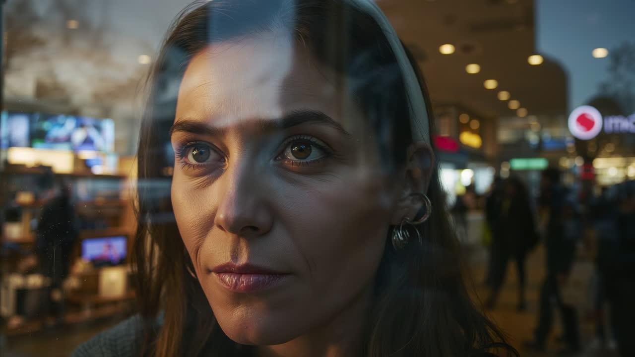 Noticing small movement, woman with dark coat shifting gaze at mall behind reflective glass