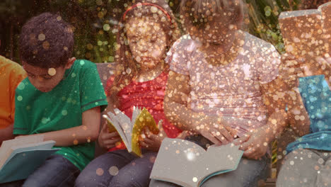 animation of glowing spots over diverse children reading books