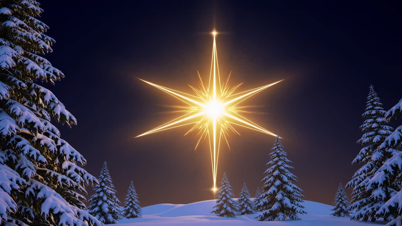 A magical winter scene with a glowing star in the night sky, captured from a low angle