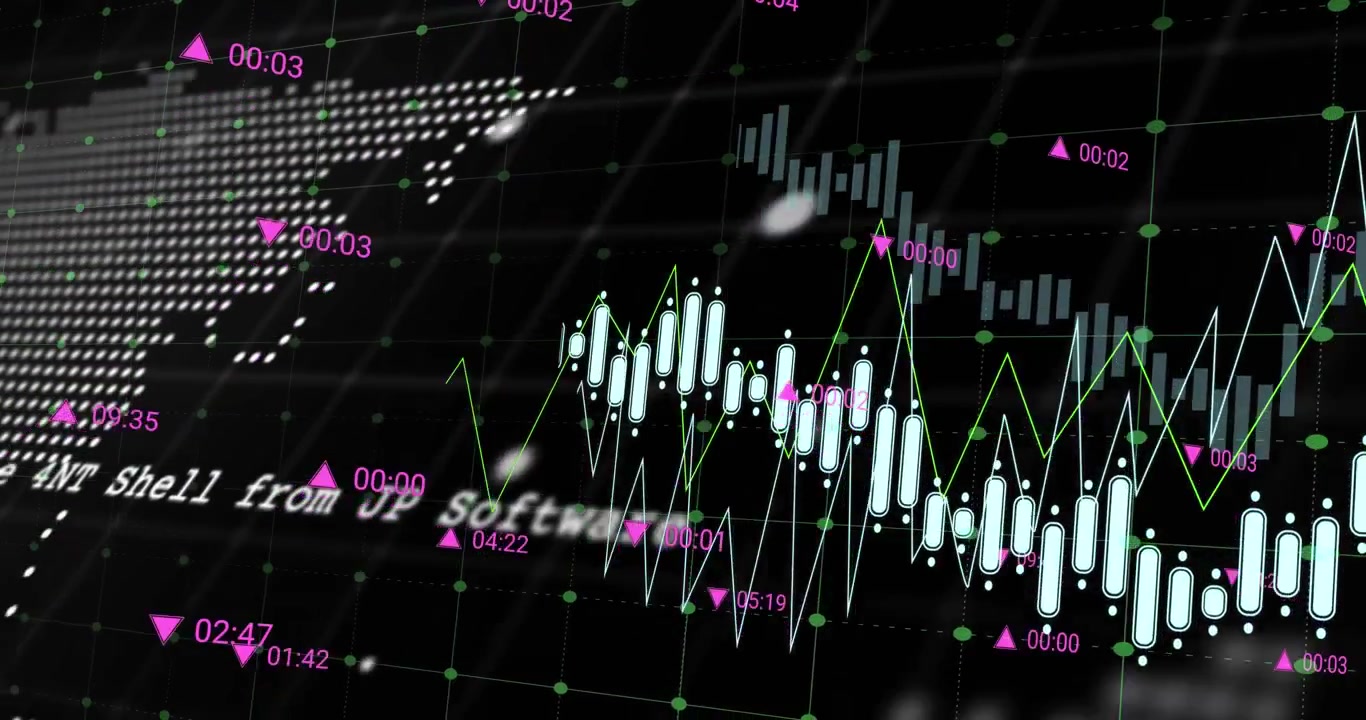 Animation of graphs with changing numbers over computer language, globe and map on black background