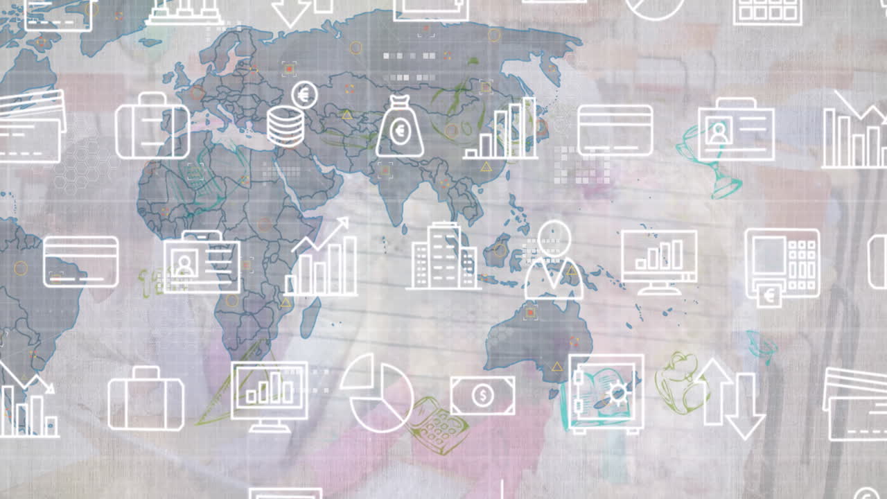 animación de múltiples iconos sobre el mapa y los suministros escolares contra un fondo abstracto