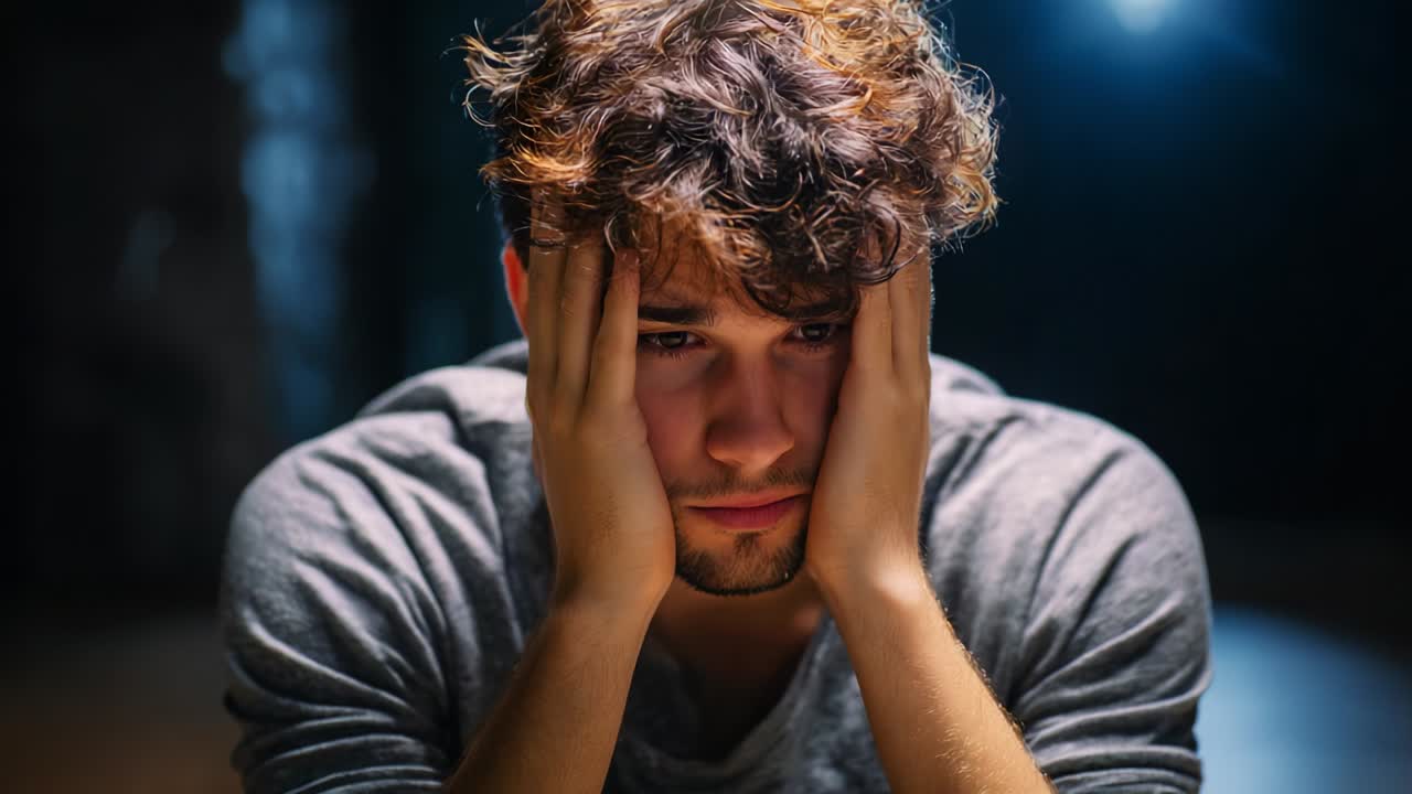 A young man appears deeply contemplative and troubled, with his hands on his face, highlighting emotions of distress and introspection in a dimly lit environment that evokes a sense of solitude