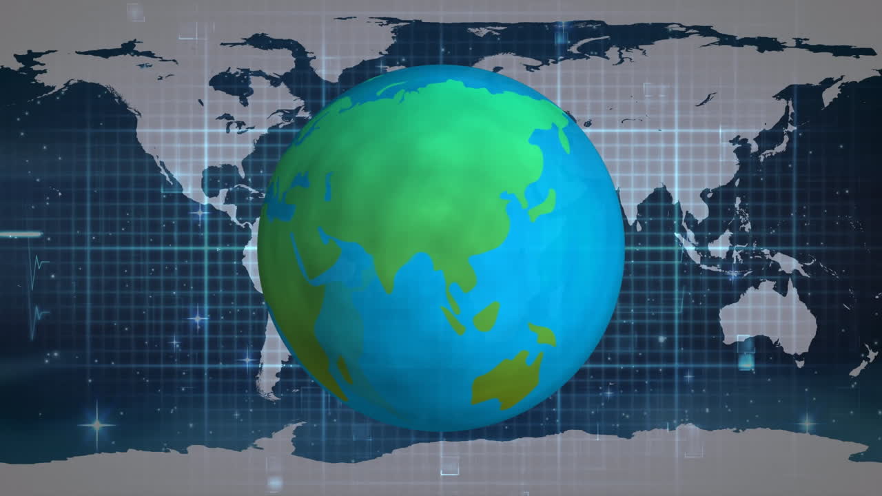 심박수 모니터와 세계 지도 위에서 회전하는 지구의 애니메이션