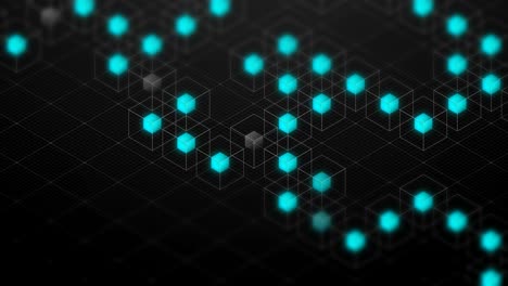 abstract 3d isometric virtual wireframe cube box and blue core with square mesh pattern illustration, blockchain technology concept design on black background, seamless looping animation 4k