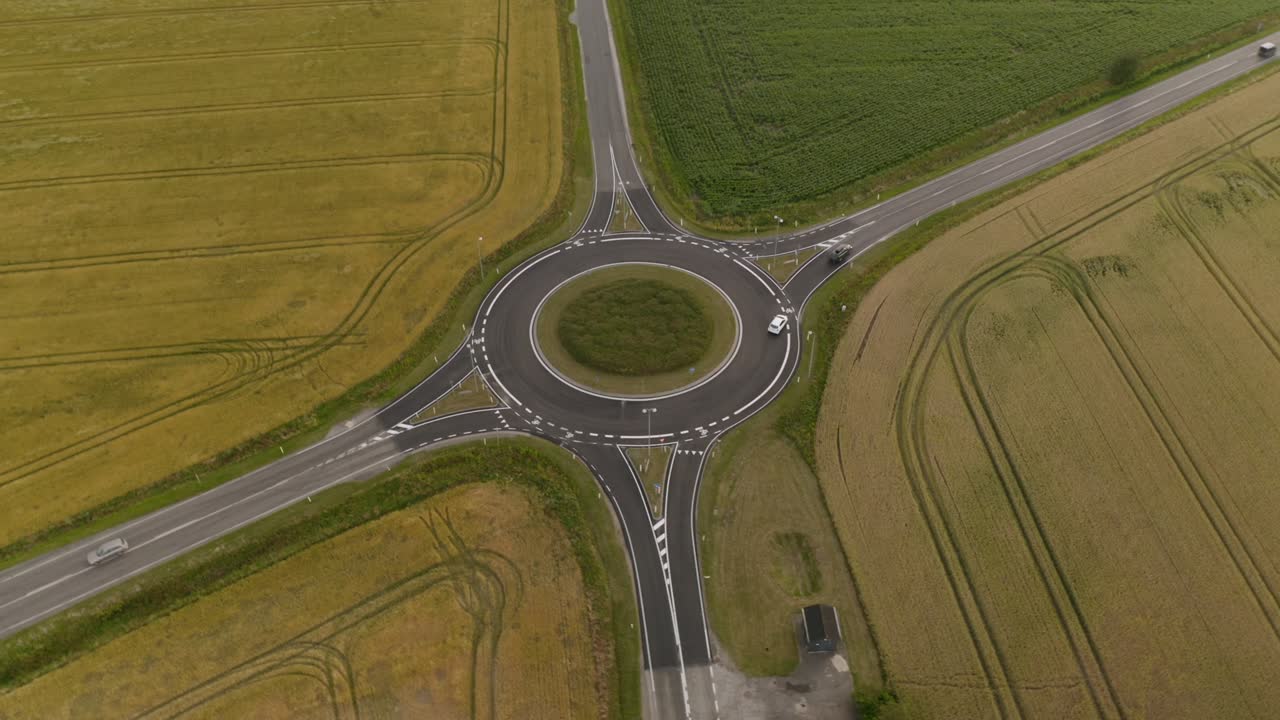 Beautiful Aerial View of Large Roundabout with Green Fields Surrounding It
