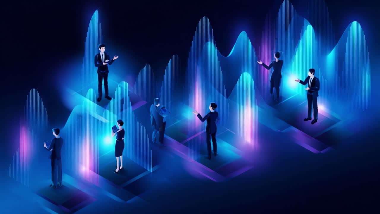 A Vibrant Glimpse into Digital Networking: Illuminated Figures Engaged in Interaction Amidst Wave Patterns Representing Data Exchange in a Futuristic Virtual Environment