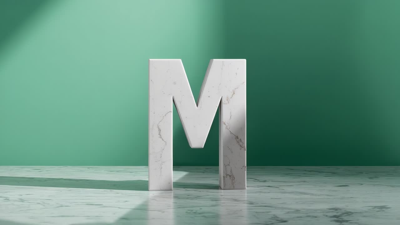 Entering light beam moving across marble M on tabletop before green wall, showing shifting shadow