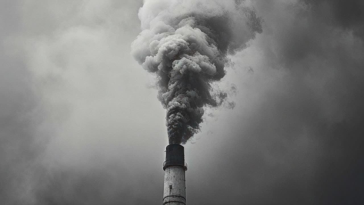 A dramatic, low-angle shot of a smokestack emitting thick smoke against a cloudy sky