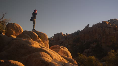 chica pelirroja de tiro ancho sube a la cima de una roca y posa en el árbol de joshua, california