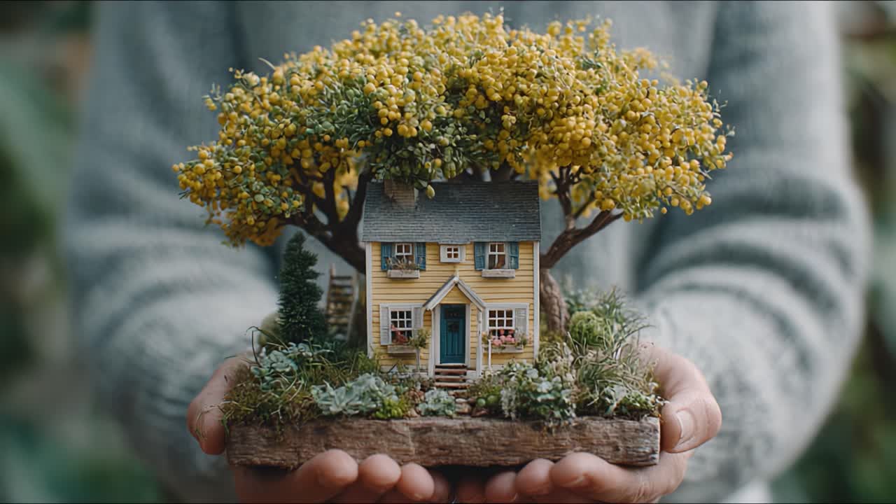 A Beautiful Handcrafted Miniature House with Lush Yellow Tree Overhead, Showcasing Nature's Elegance and Artistry, Perfect for Home Decor