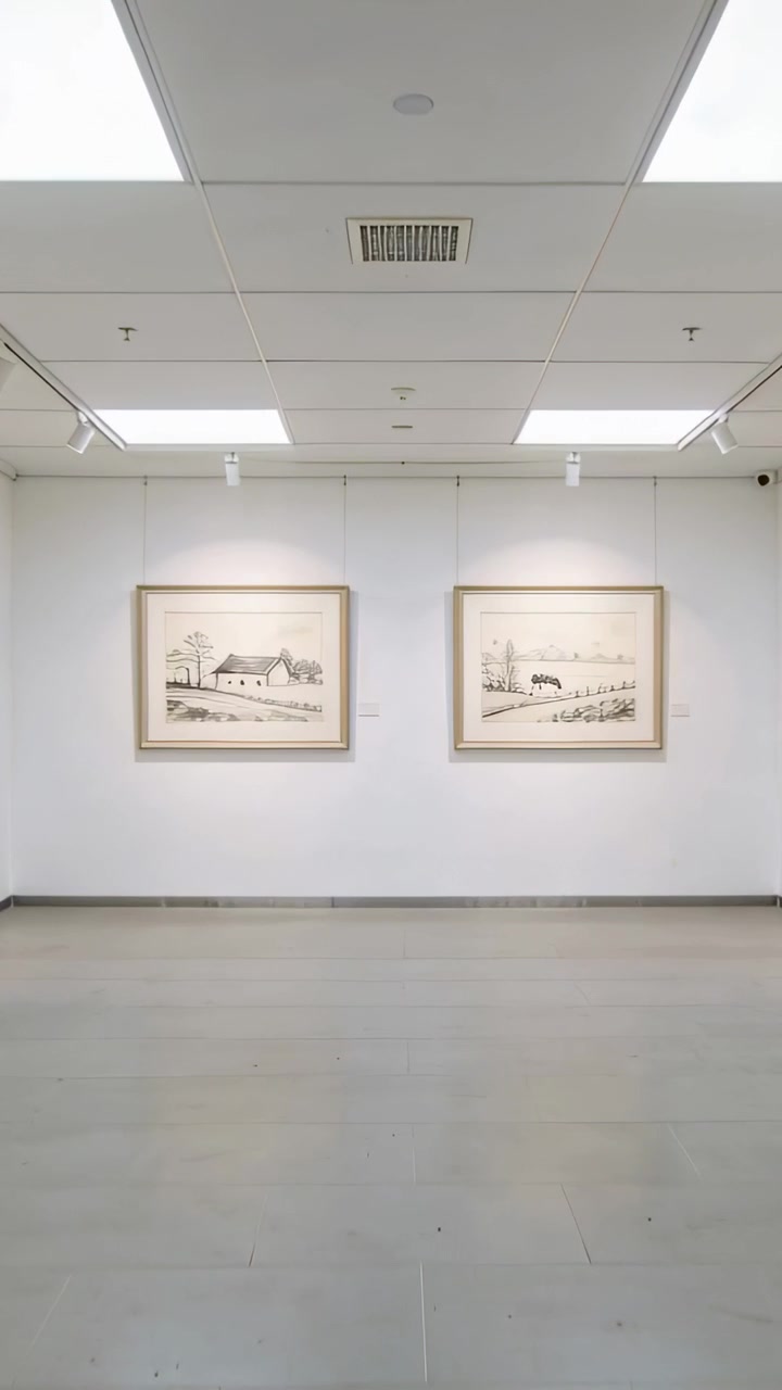 Vertikales Video: Kamerafahrt bewegt sich vorwärts und neigt sich in einer Galerie nach oben, enthüllt zwei gerahmte Zeichnungen.