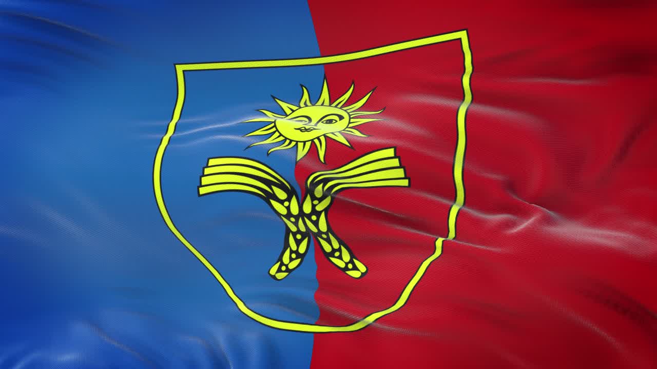 Khmelnytskyi oblast (Ukraine) flag waving in the wind with highly detailed fabric texture. Seamless loop