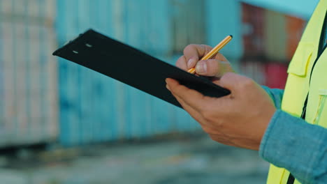 worker checking checklist at container terminal