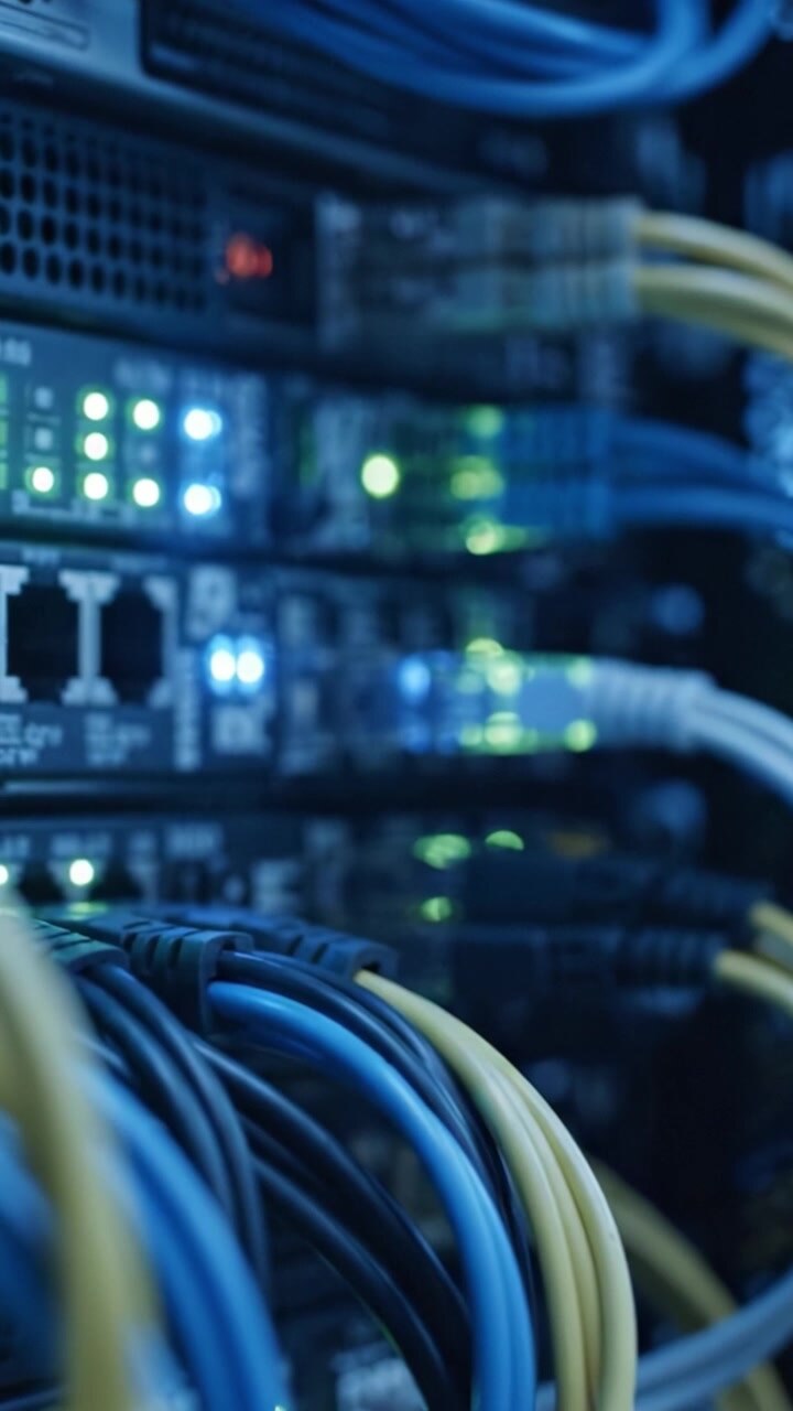 Intricata Rete di Cavi Dati e LED che Evidenzia la Connettività all'Interno di un Ambiente di Server Rack ad Alta Tecnologia