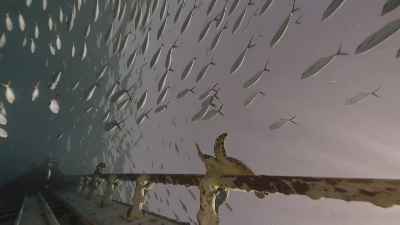 Sea Turtle Swimming Near a Sunken Shipwreck with Tropical Fish